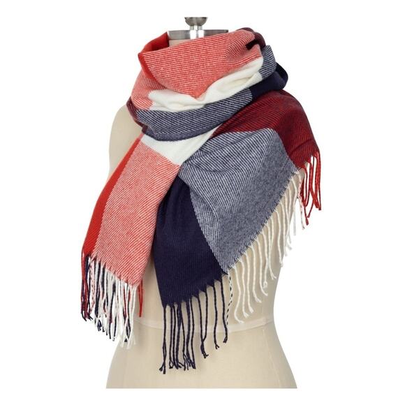 Tartan Plaid Knit Block Color Scarf Fringe Bottom Women’s Fall Winter Soft Cozy - Picture 1 of 5